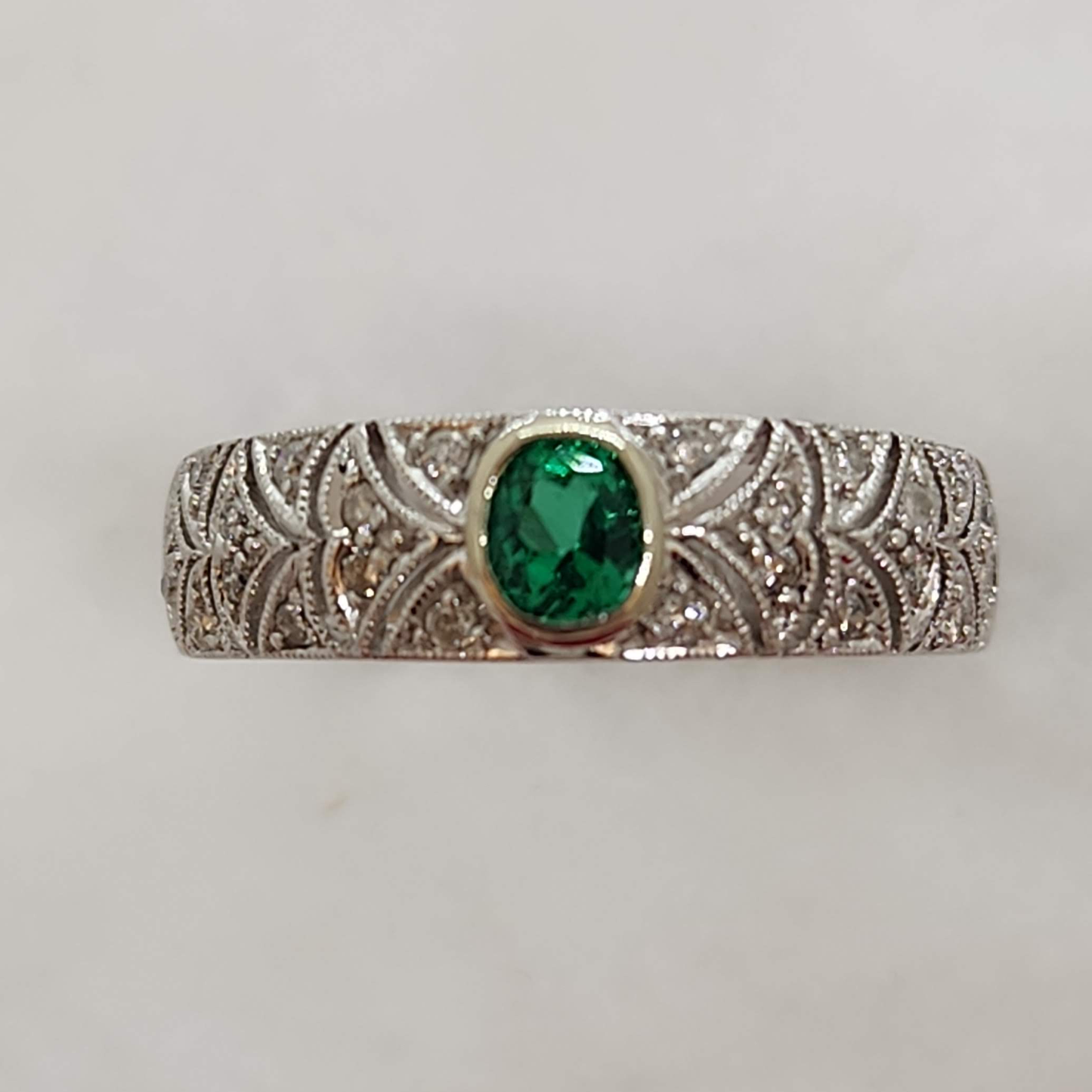 Emerald and Diamond White Gold Ring