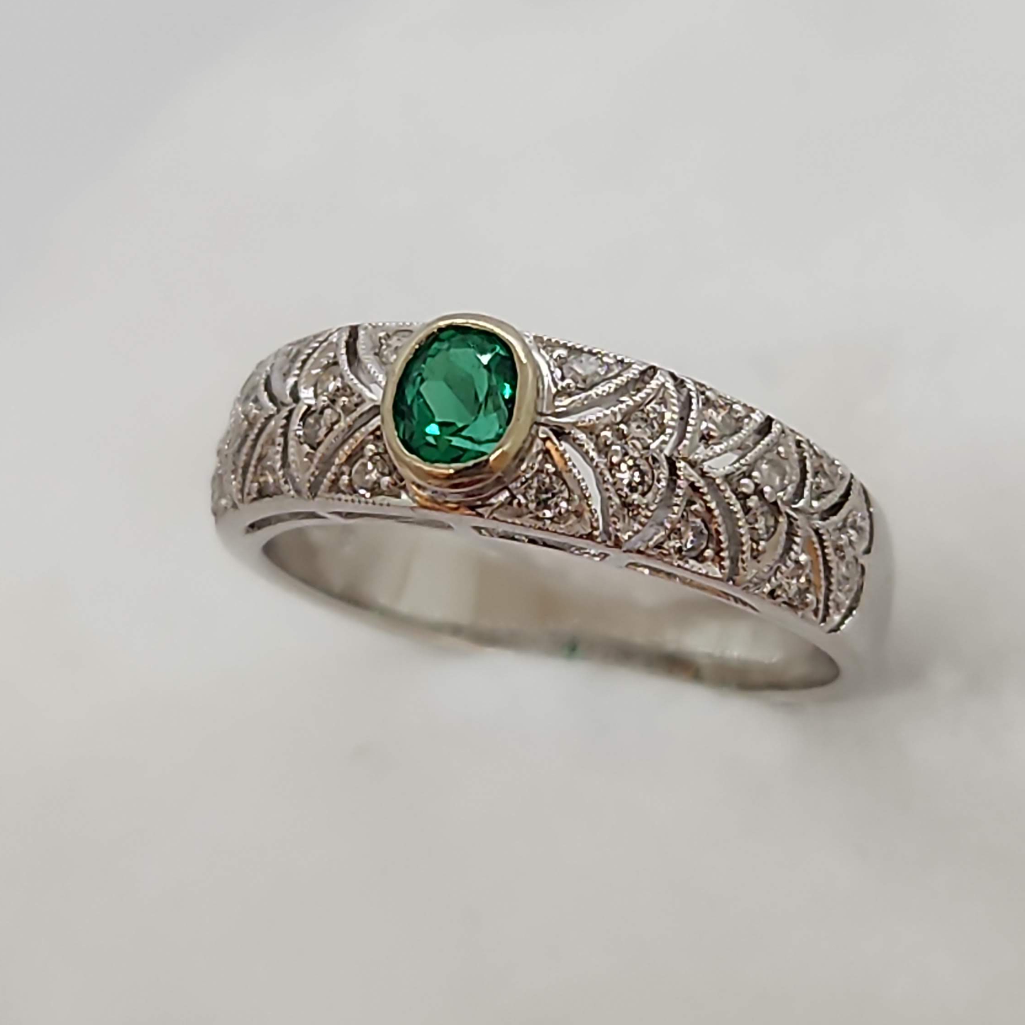 Emerald and Diamond White Gold Ring